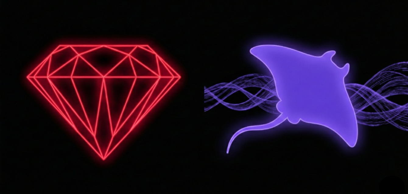 Gemini Glowing neon red diamond, next to a glowing neon purple silhouette of a stingray gliding through digital light waves.