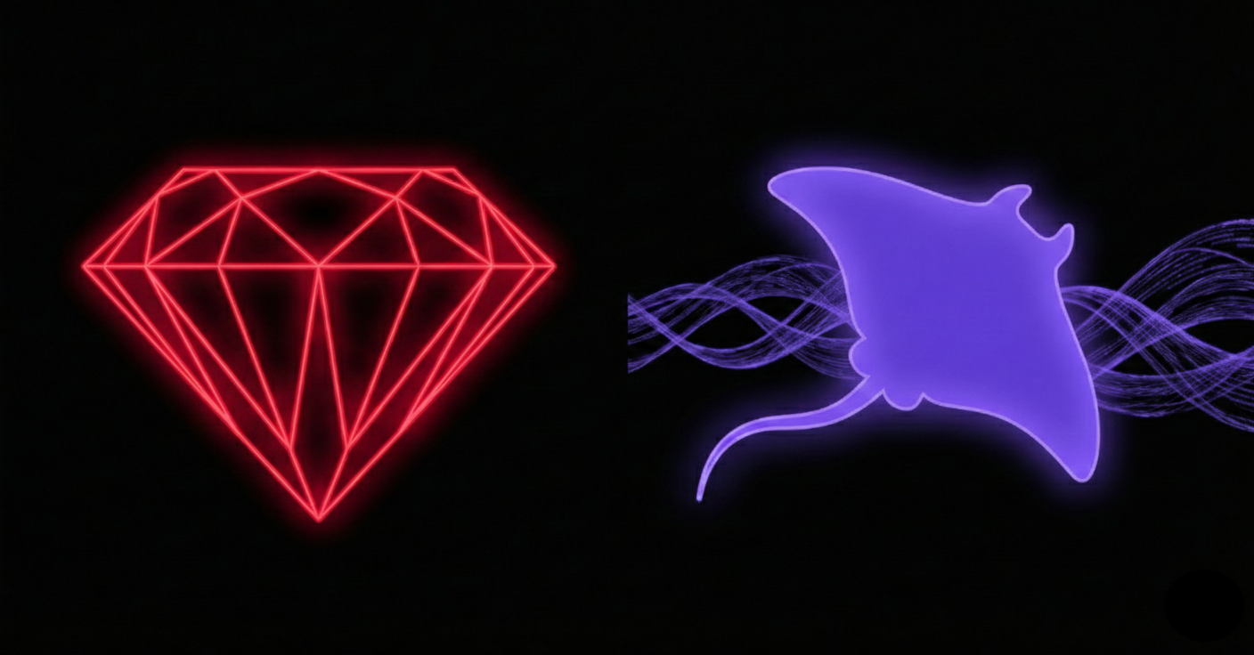 Gemini Glowing neon red diamond, next to a glowing neon purple silhouette of a stingray gliding through digital light waves.