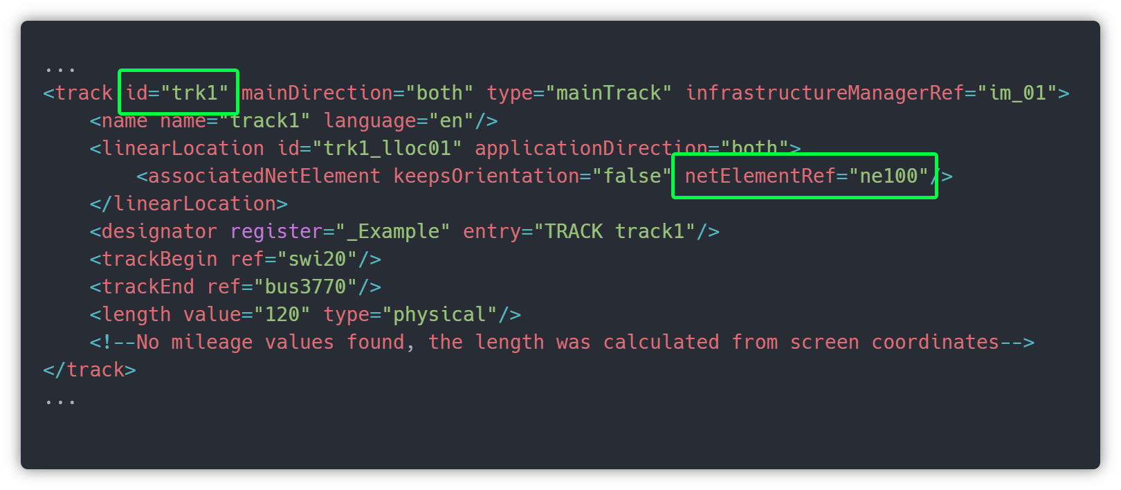 railML file - Station 1: Track 1 identification (trk1)